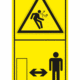 Značení strojů dle ISO 11 684 - Kombinovaný štítek: Pozor zpětný chod ramene nahoru / Dodržuj bezpečnou vzdálenost (Vertikální)