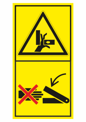 Značení strojů dle ISO 11 684 - Kombinovaný štítek: Nebezpečí rozdrcení ruky / Nesahej za chodu do prostoru stroje (Vertikální)