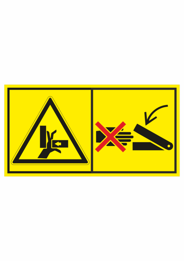 Značení strojů dle ISO 11 684 - Kombinovaný štítek: Nebezpečí rozdrcení ruky / Nesahej za chodu do prostoru stroje (Horizontální)