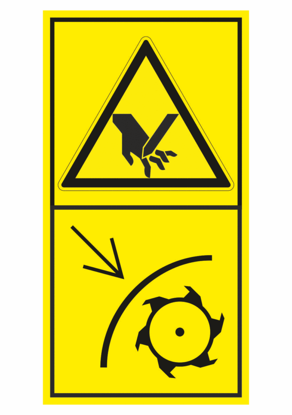 Značení strojů dle ISO 11 684 - Kombinovaný štítek: Nebezpečí zranění prstů nebo ruky / Zavři bezpečnostní kryt při broušení nožů (Vertikální)