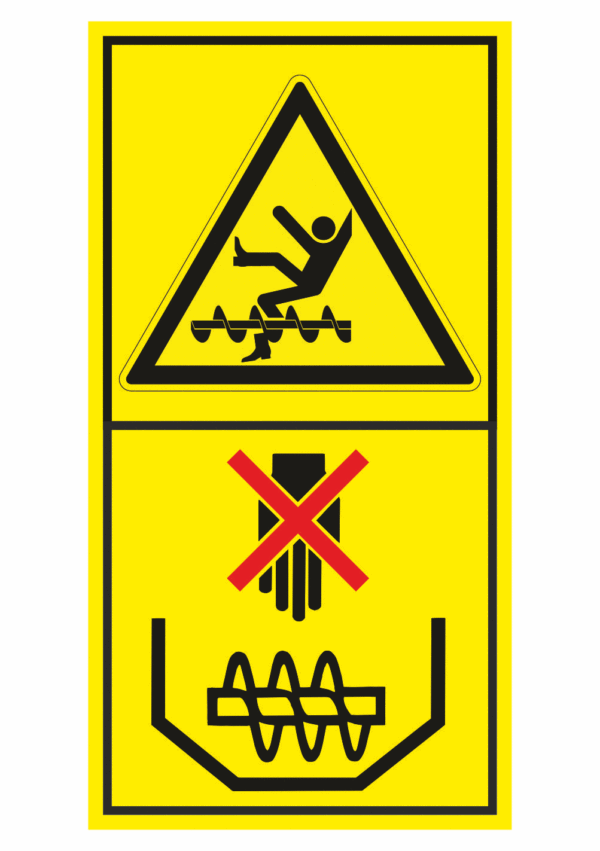 Značení strojů dle ISO 11 684 - Kombinovaný štítek: Nebezpečí namotání nohou / Nesahej a nevstupuj na točící se části stroje (Vertikální)