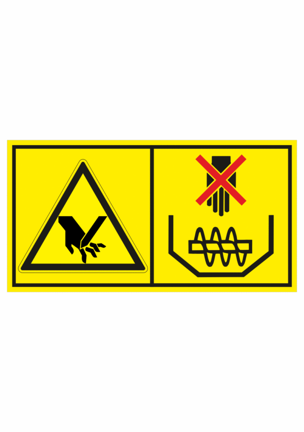 Značení strojů dle ISO 11 684 - Kombinovaný štítek: Nebezpečí namotání nohou / Nesahej a nevstupuj na točící se části stroje (Horizontální)