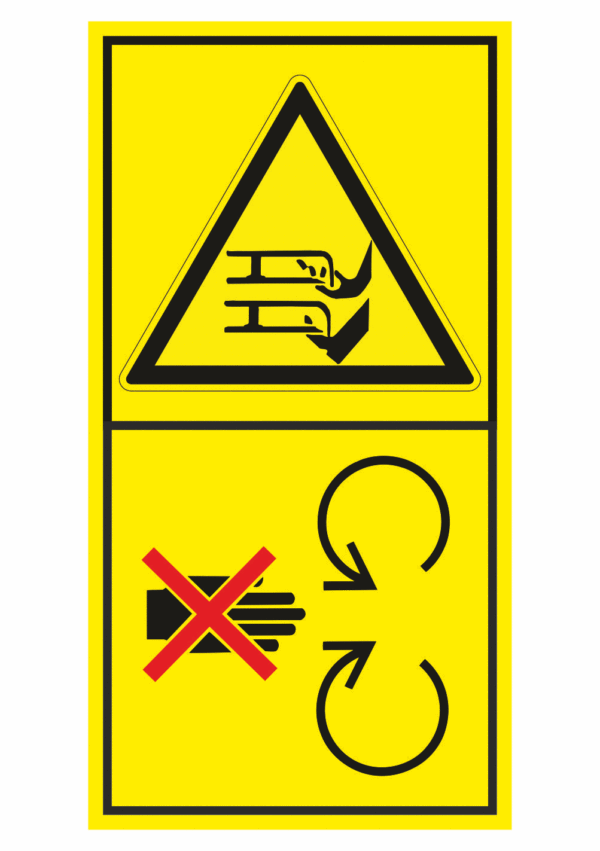 Značení strojů dle ISO 11 684 - Kombinovaný štítek: Nebezpečí rotační čepel / Neodstraňuj bezpečnostní kryt pokud je stroj v běhu (Vertikální)