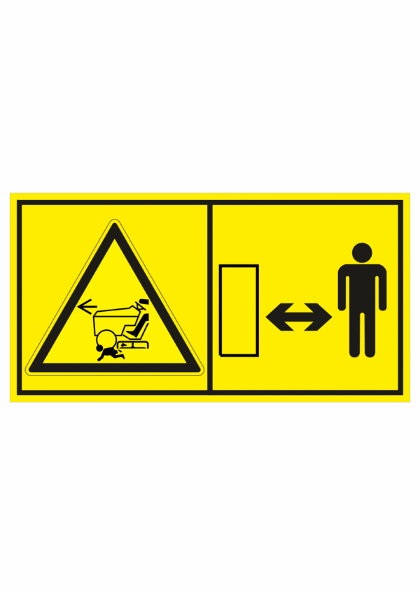 Značení strojů dle ISO 11 684 - Kombinovaný štítek: Nebezpečí posekání při jízdě vpřed / Dodržuj bezpečnou vzdálenost (Horizontální)