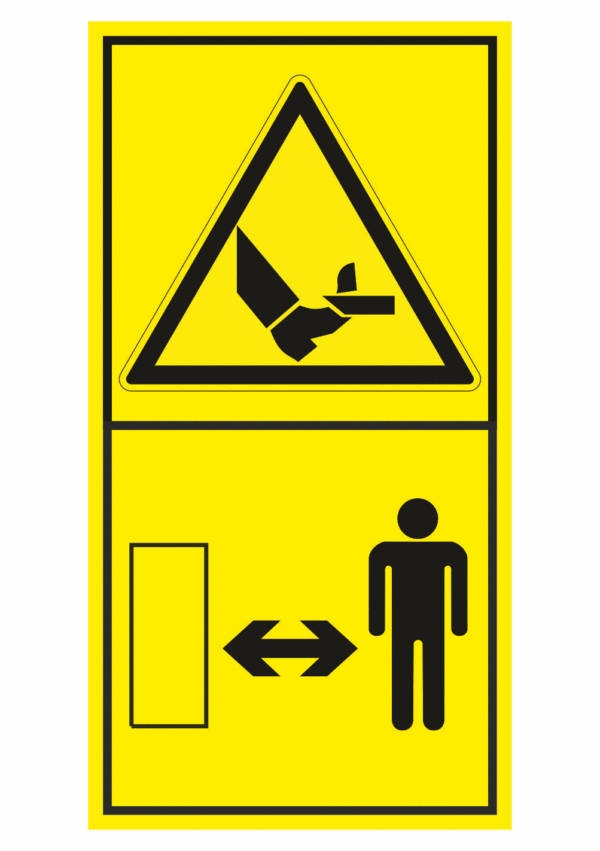 Značení strojů dle ISO 11 684 - Kombinovaný štítek: Nebezpečí úrazu nohy pohyblivou čepelí - Dodržuj bezpečnou vzdálenost (Vertikální)