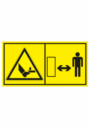 Značení strojů dle ISO 11 684 - Kombinovaný štítek: Nebezpečí úrazu nohy pohyblivou čepelí - Dodržuj bezpečnou vzdálenost (Horizontální)