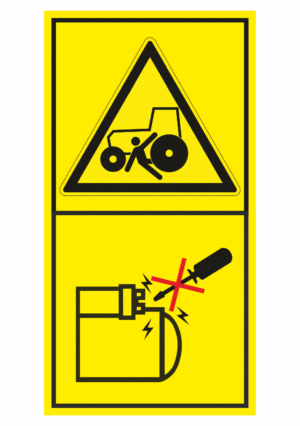 Značení strojů dle ISO 11 684 - Kombinovaný štítek: Nebezpečí přejetí / Motor startuj jen z místa k tomu určenému (Vertikální)