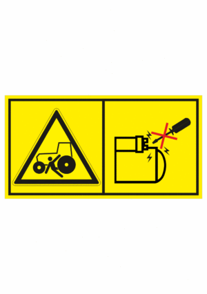 Značení strojů dle ISO 11 684 - Kombinovaný štítek: Nebezpečí přejetí / Motor startuj jen z místa k tomu určenému (Horizontální)