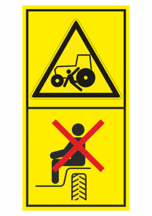 Značení strojů dle ISO 11 684 - Kombinovaný štítek: Nebezpečí přejetí / Přeprava osob povolena jen na místech k tomu určených (Vertikální)