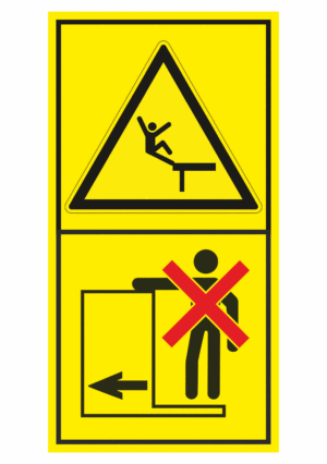 Značení strojů dle ISO 11 684 - Kombinovaný štítek: Nebezpečí pádu / Zákaz jízdy na plošině nebo žebříku (Vertikální)