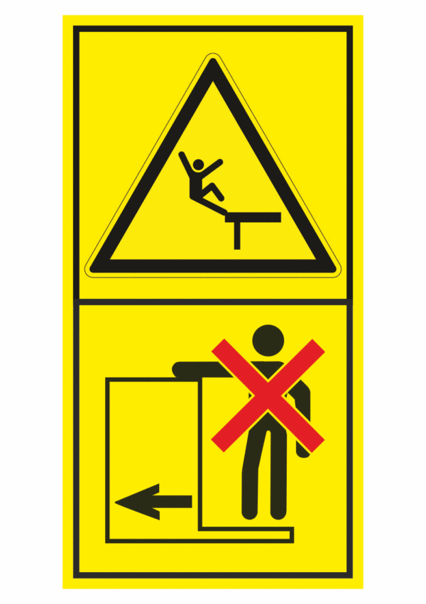 Značení strojů dle ISO 11 684 - Kombinovaný štítek: Nebezpečí pádu / Zákaz jízdy na plošině nebo žebříku (Vertikální)