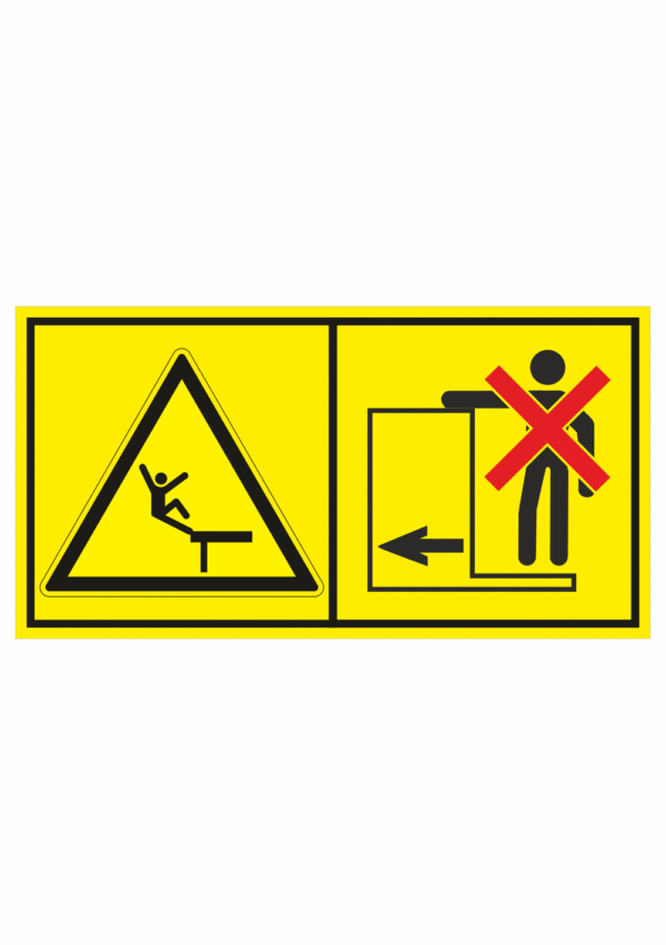 Značení strojů dle ISO 11 684 - Kombinovaný štítek: Nebezpečí pádu / Zákaz jízdy na plošině nebo žebříku (Horizontální)