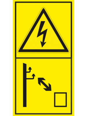 Značení strojů dle ISO 11 684 - Kombinovaný štítek: Pozor elektrické napětí / Dodržujte bezpečnou vzdálenost od rozvodů el. energie (Vertikální)