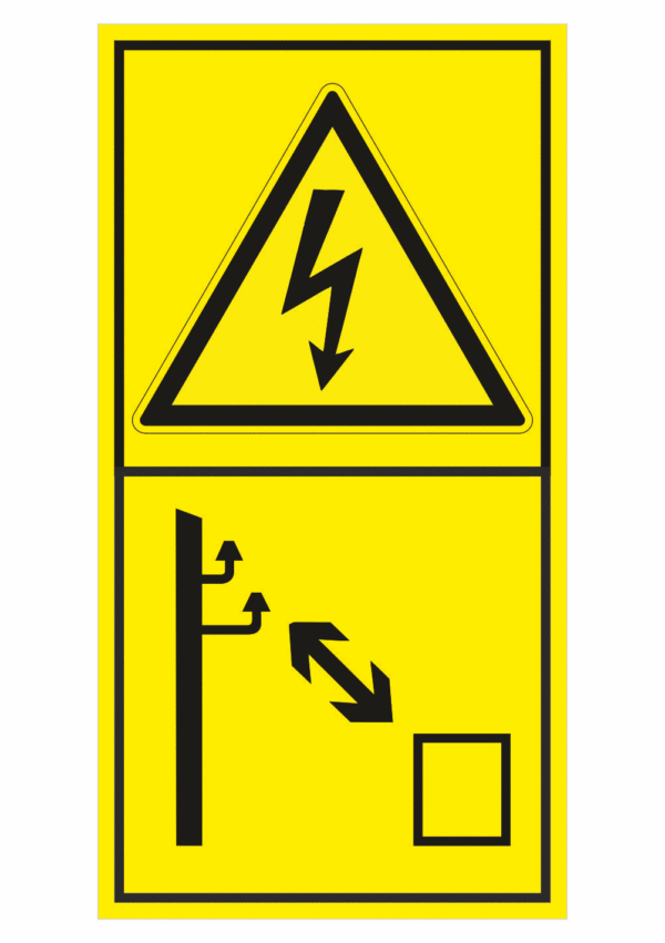 Značení strojů dle ISO 11 684 - Kombinovaný štítek: Pozor elektrické napětí / Dodržujte bezpečnou vzdálenost od rozvodů el. energie (Vertikální)