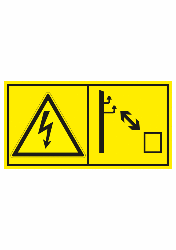 Značení strojů dle ISO 11 684 - Kombinovaný štítek: Pozor elektrické napětí / Dodržujte bezpečnou vzdálenost od rozvodů el. energie (Horizontální)