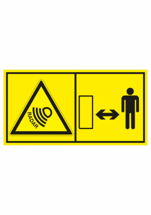 Značení strojů dle ISO 11 684 - Kombinovaný štítek: Pozor radarové čidlo / Nedívej se do čidla (Horizontální)