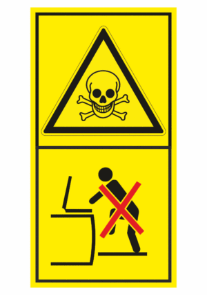 Značení strojů dle ISO 11 684 - Kombinovaný štítek: Pozor jedovaté plyny / Nevstupuj na zásobníky H (Vertikální)