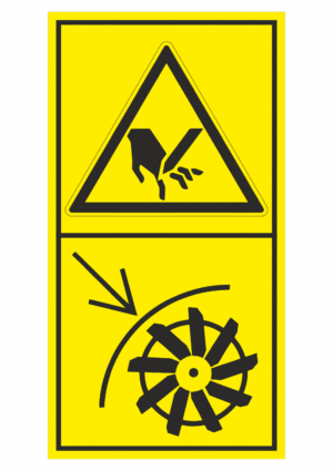 Značení strojů dle ISO 11 684 - Kombinovaný štítek: Nebezpečí pořezání / Neotvírej kryt rotujících nožů (Vertikální)
