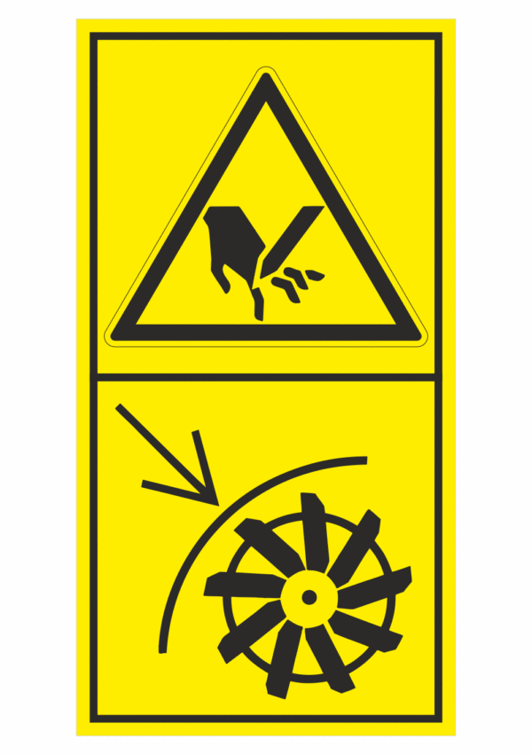 Značení strojů dle ISO 11 684 - Kombinovaný štítek: Nebezpečí pořezání / Neotvírej kryt rotujících nožů (Vertikální)