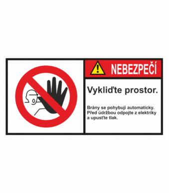 Značení strojů dle ISO 3864-2 - Nebezpečí: "Vykliďte prostor / Brány se pohybují automaticky. Před údržbou odpojte z elektriky a upusťte tlak"