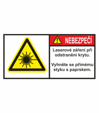 Značení strojů dle ISO 3864-2 - Nebezpečí: "Laserové záření pří odstranění krytu / Vyhněte se přímému styku s paprskem"