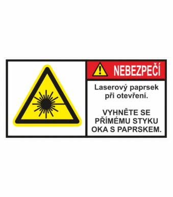 Značení strojů dle ISO 3864-2 - Nebezpečí: "Laserový paprsek při otevření / Vyhněte se přímému styku oka s paprskem"