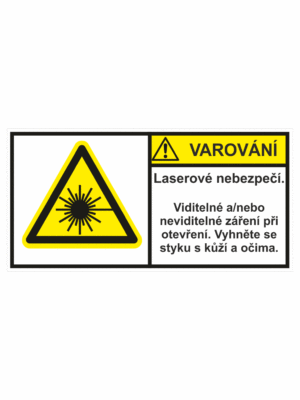 Značení strojů dle ISO 3864-2 - Varování: "Laserové nebezpečí / Viditelné a(nebo) neviditelné záření při otevření. Vyhněte se styku s kůží a očima."