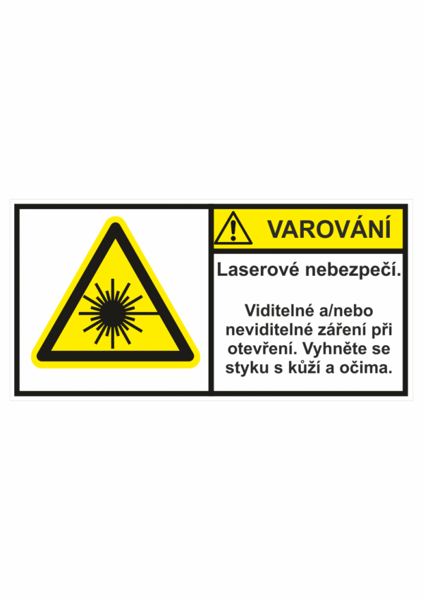 Značení strojů dle ISO 3864-2 - Varování: "Laserové nebezpečí / Viditelné a(nebo) neviditelné záření při otevření. Vyhněte se styku s kůží a očima."