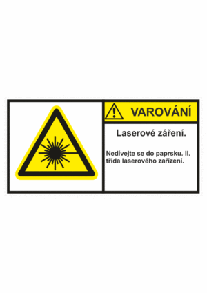 Značení strojů dle ISO 3864-2 - Varování: "Laserové záření / Nedívejte se do paprsku. II třída laserového zařízení"