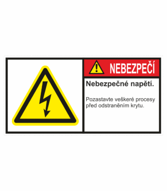 Značení strojů dle ISO 3864-2 - Nebezpečí: "Nebezpečné napětí / Pozastavte veškeré procesy před otevřením krytu"
