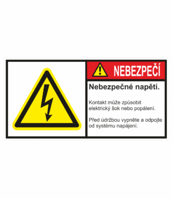 Značení strojů dle ISO 3864-2 - Nebezpečí: "Nebezpečné napětí / Kontakt může způsobit elektrický šok nebo popálení / Před údržbou vypněte a odpojte"