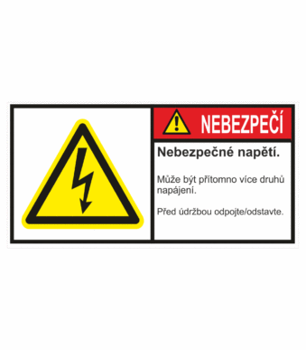 Značení strojů dle ISO 3864-2 - Nebezpečí: "Nebezpečné napětí / Může být přítomno více druhů napájení / Před údržbou odpojte"