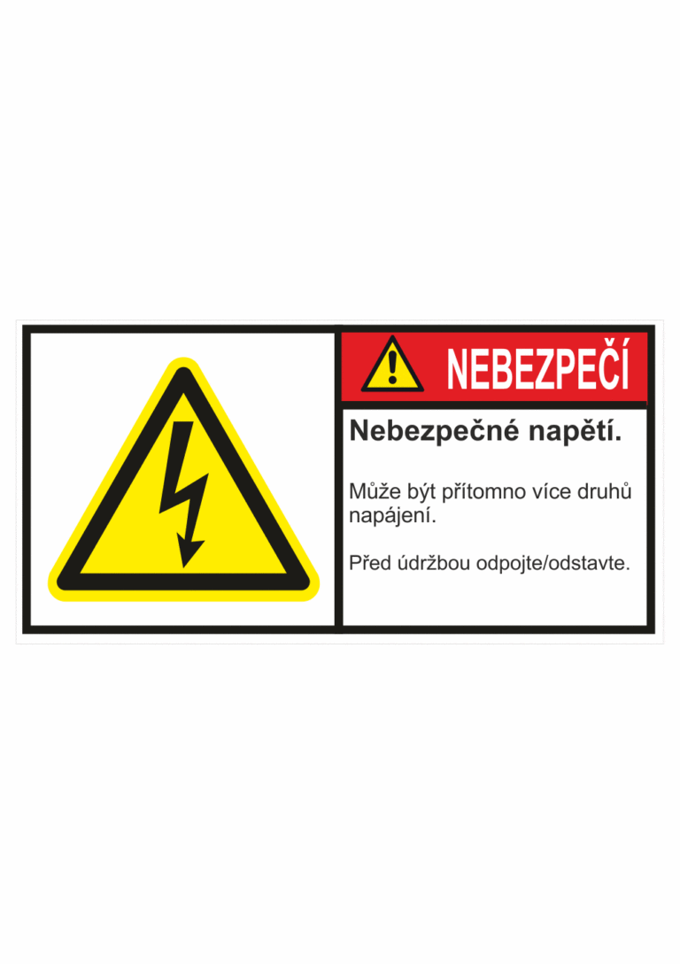 Značení strojů dle ISO 3864-2 - Nebezpečí: "Nebezpečné napětí / Může být přítomno více druhů napájení / Před údržbou odpojte"