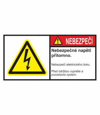 Značení strojů dle ISO 3864-2 - Nebezpečí: "Nebezpečné napětí přítomno / Nebezpečí elektrického šoku / Před údržbou vypněte"