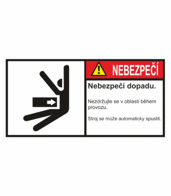 Značení strojů dle ISO 3864-2 - Nebezpečí: "Nebezpečí dopadu / Nezdržujte se v oblasti během provozu (