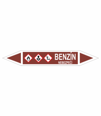 Značení dle ČSN - Oboustranné potrubní šipky se symboly GHS Tekutiny: Benzín