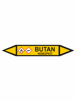 Značení dle ČSN - Potrubní šipky se symboly GHS Plyn: Butan