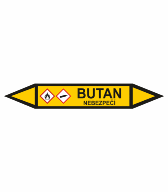 Značení dle ČSN - Potrubní šipky se symboly GHS Plyn: Butan