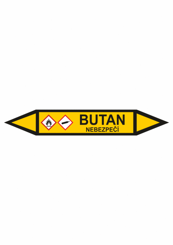 Značení dle ČSN - Potrubní šipky se symboly GHS Plyn: Butan