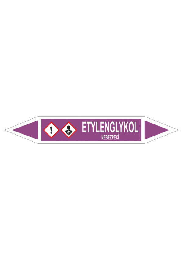 Značení dle ČSN - Oboustranné potrubní šipky se symboly GHS Kyseliny: Etylengylkol