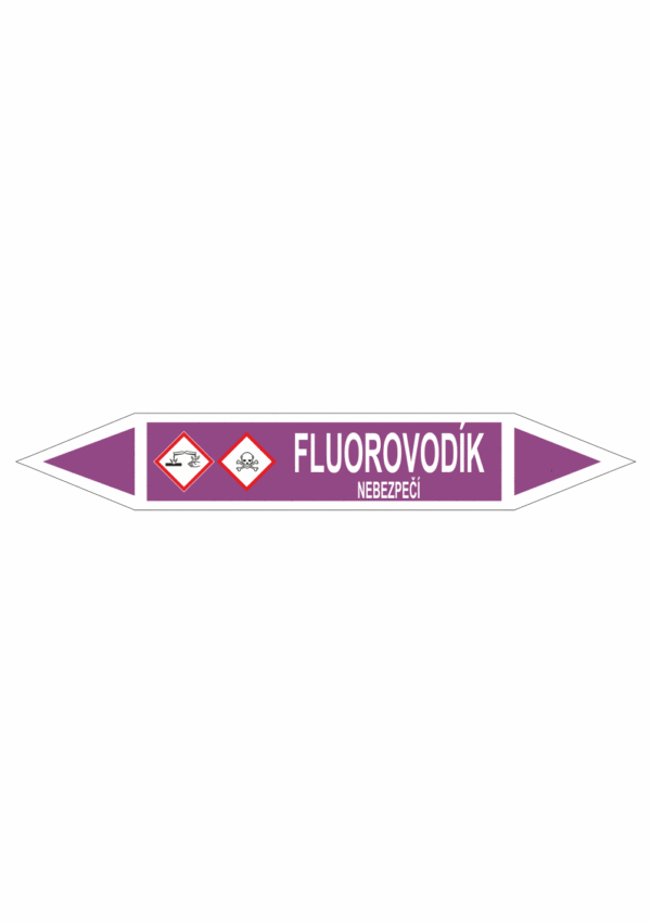 Značení dle ČSN - Oboustranné potrubní šipky se symboly GHS Kyseliny: Fluorovodík