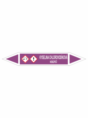 Značení dle ČSN - Oboustranné potrubní šipky se symboly GHS Kyseliny: Kyselina chlorovodíková