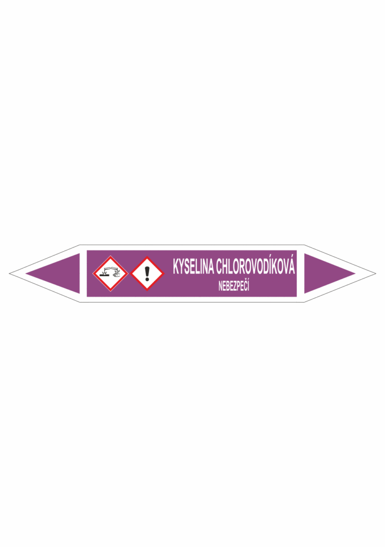 Značení dle ČSN - Oboustranné potrubní šipky se symboly GHS Kyseliny: Kyselina chlorovodíková