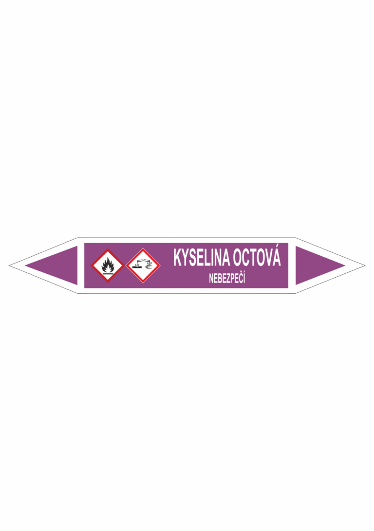 Značení dle ČSN - Oboustranné potrubní šipky se symboly GHS Kyseliny: Kyselina octová