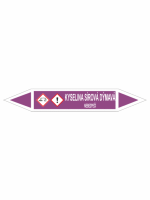 Značení dle ČSN - Oboustranné potrubní šipky se symboly GHS Kyseliny: Kyselina sírová dýmavý