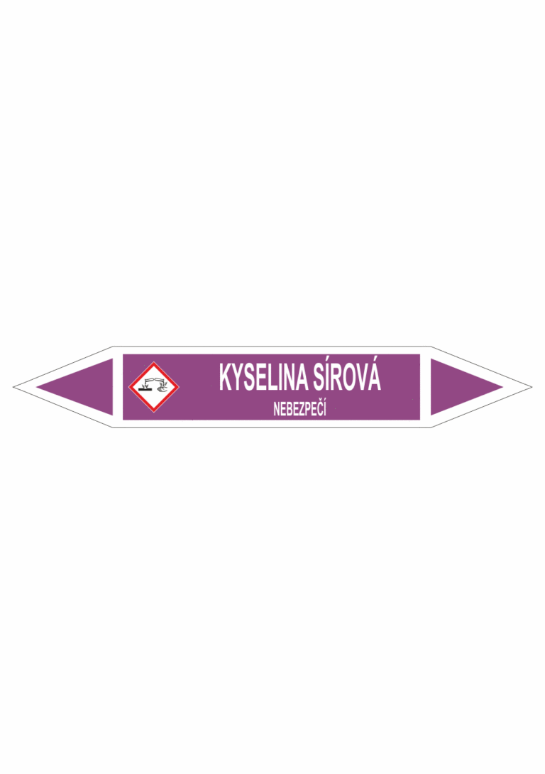 Značení dle ČSN - Oboustranné potrubní šipky se symboly GHS Kyseliny: Kyselina sírová