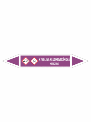 Značení dle ČSN - Oboustranné potrubní šipky se symboly GHS Kyseliny: Kyselina fluorovodíková
