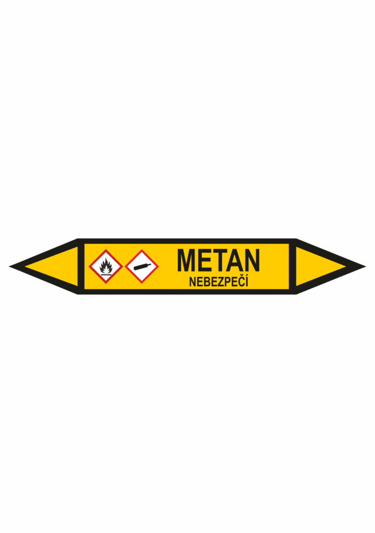 Značení dle ČSN - Potrubní šipky se symboly GHS Plyn: Metan