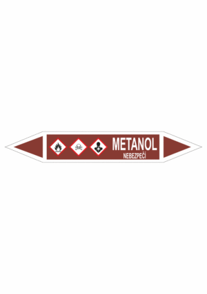 Značení dle ČSN - Oboustranné potrubní šipky se symboly GHS Tekutiny: Metanol