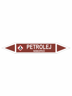Značení dle ČSN - Oboustranné potrubní šipky se symboly GHS Tekutiny: Petrolej